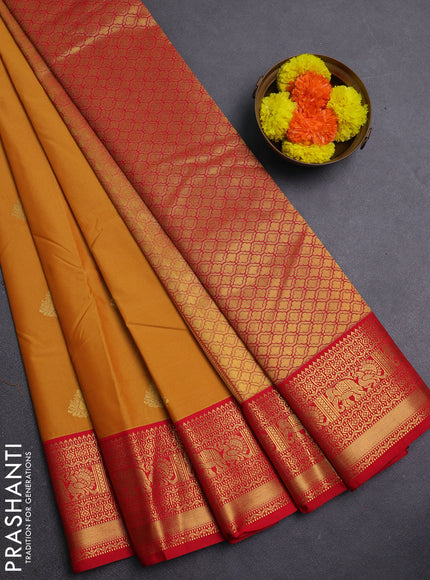 Mustard Yellow & Red Semi Kanchipram Silk - Buttas