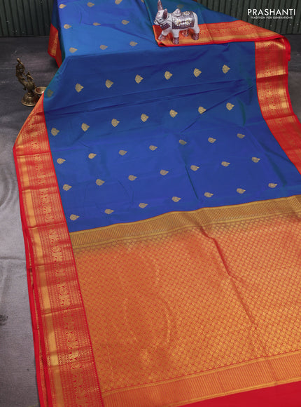 Blue & Red Semi Kanchipram Silk - Buttas