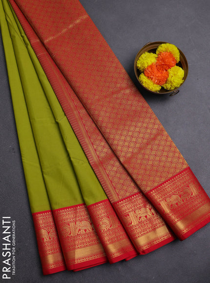 Lime Green & Red Semi Kanchipram Silk - Buttas