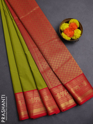Lime Green & Red Semi Kanchipram Silk - Buttas