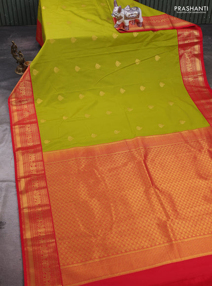 Lime Green & Red Semi Kanchipram Silk - Buttas