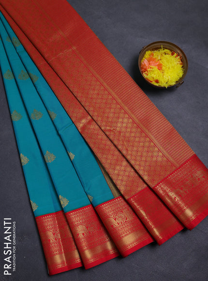 Teal Blue & Red Semi Kanchipram Silk - Buttas
