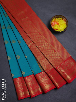 Teal Blue & Red Semi Kanchipram Silk - Buttas