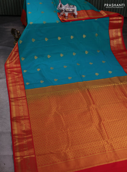 Teal Blue & Red Semi Kanchipram Silk - Buttas