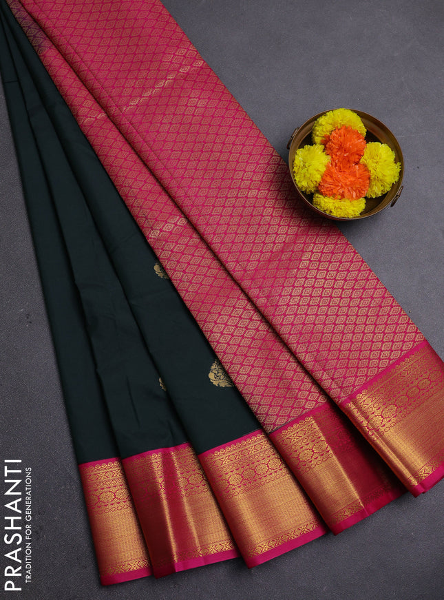 Bottle Green & Pink Semi Kanchipram Silk - Buttas