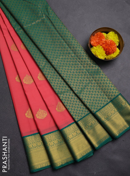Peach Orange & Green Semi Kanchipram Silk - Buttas