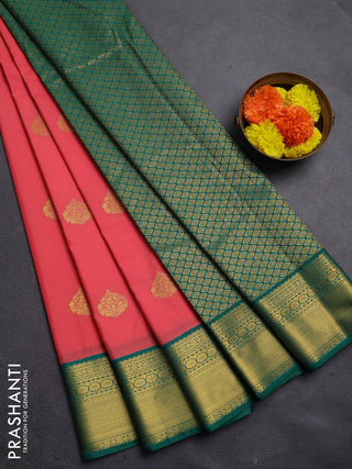 Peach Orange & Green Semi Kanchipram Silk - Buttas