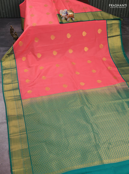 Peach Orange & Green Semi Kanchipram Silk - Buttas