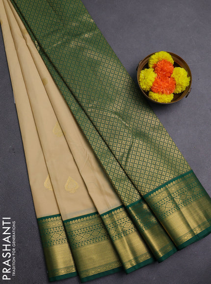 Beige & Green Semi Kanchipram Silk - Buttas