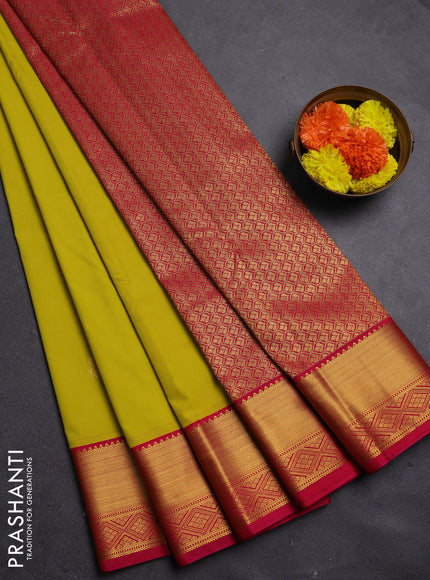 Lime Green & Pink Semi Kanchipram Silk - Buttas