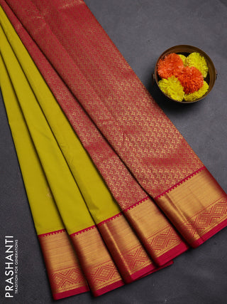 Lime Green & Pink Semi Kanchipram Silk - Buttas