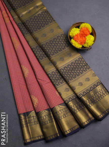 Pastel Maroon & Navy Blue Semi Kanchipram Silk - Checks
