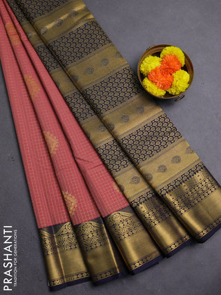 Pastel Maroon & Navy Blue Semi Kanchipram Silk - Checks
