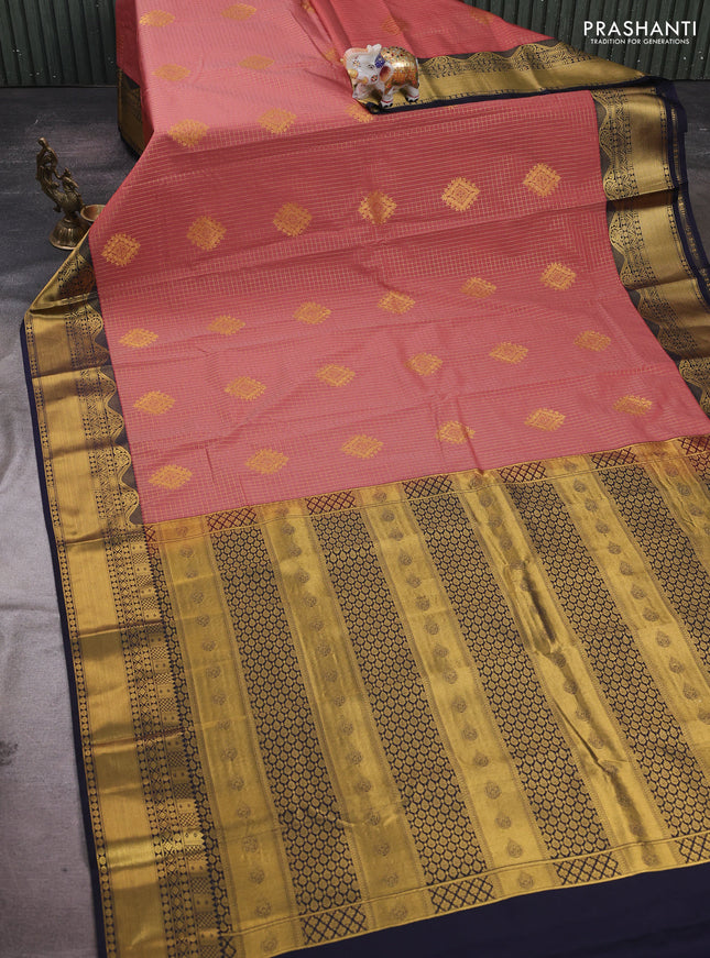 Pastel Maroon & Navy Blue Semi Kanchipram Silk - Checks