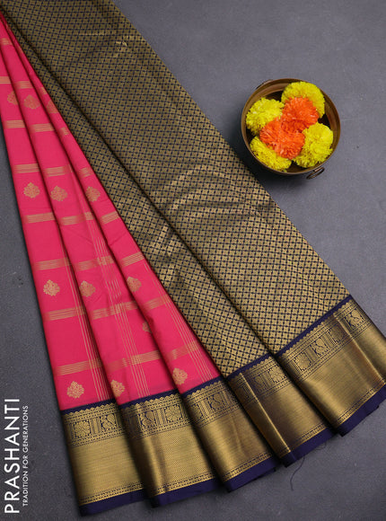 Pink & Navy Blue Semi Kanchipram Silk - Checks