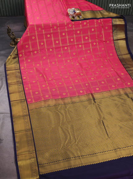 Pink & Navy Blue Semi Kanchipram Silk - Checks