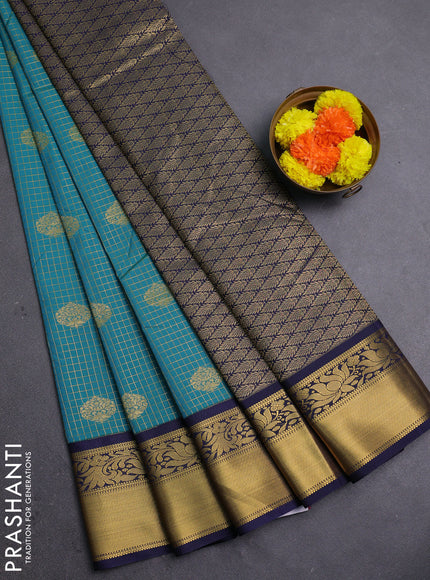 Peacock Green & Navy Blue Semi Kanchipram Silk - Checks