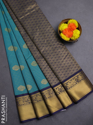 Peacock Green & Navy Blue Semi Kanchipram Silk - Checks
