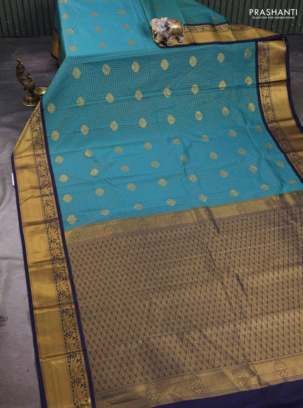 Peacock Green & Navy Blue Semi Kanchipram Silk - Checks
