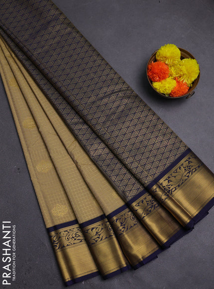 Beige & Navy Blue Semi Kanchipram Silk - Checks