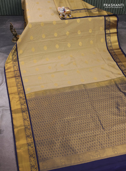 Beige & Navy Blue Semi Kanchipram Silk - Checks