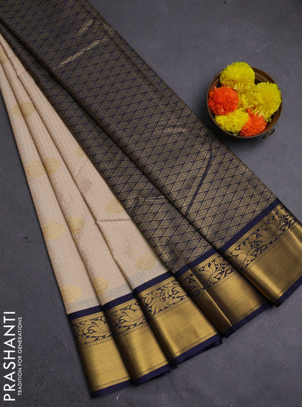 Cream & Navy Blue Semi Kanchipram Silk - Checks
