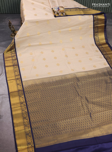 Cream & Navy Blue Semi Kanchipram Silk - Checks