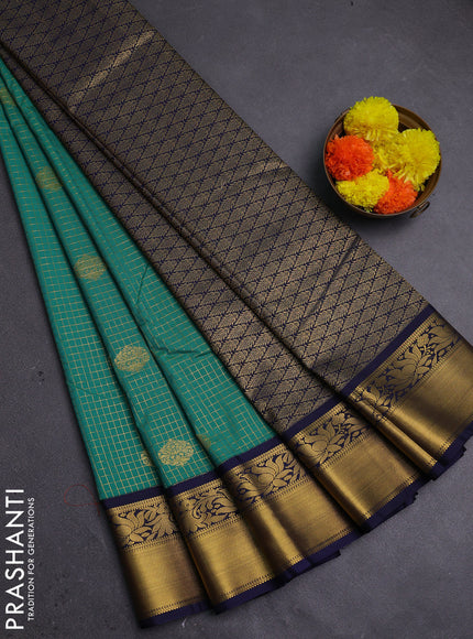 Teal Green & Navy Blue Semi Kanchipram Silk - Checks