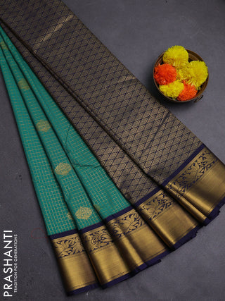 Teal Green & Navy Blue Semi Kanchipram Silk - Checks