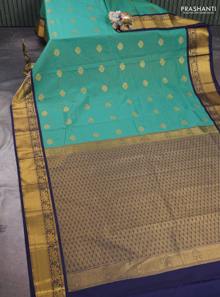 Teal Green & Navy Blue Semi Kanchipram Silk - Checks
