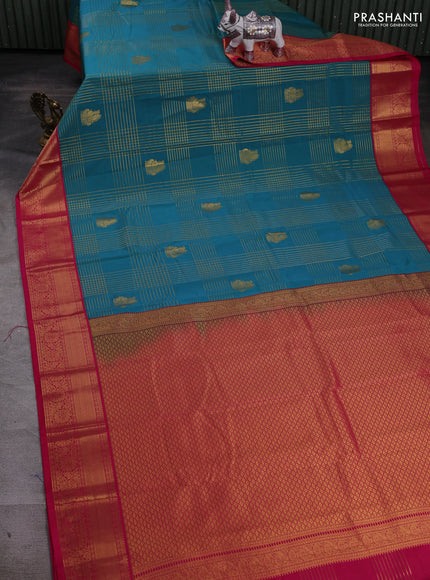 Teal Green & Pink Semi Kanchipram Silk - Checks
