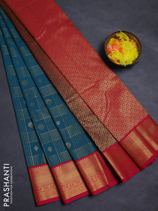 Peacock Green & Pink Semi Kanchipram Silk - Checks