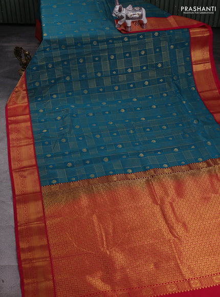 Peacock Green & Pink Semi Kanchipram Silk - Checks