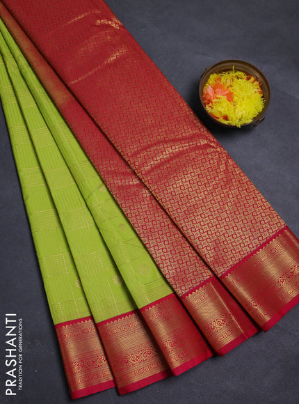 Fluorescent Green & Pink Semi Kanchipram Silk - Checks