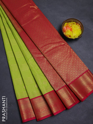 Fluorescent Green & Pink Semi Kanchipram Silk - Checks