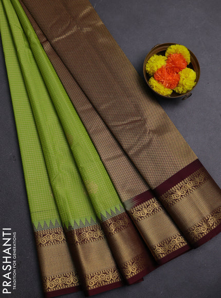 Fluorescent Green & Coffee Brown Semi Kanchipram Silk - Checks