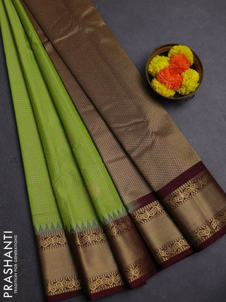 Fluorescent Green & Coffee Brown Semi Kanchipram Silk - Checks
