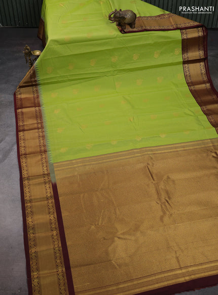 Fluorescent Green & Coffee Brown Semi Kanchipram Silk - Checks