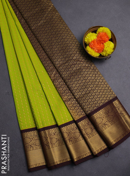 Lime Green & Coffee Brown Semi Kanchipram Silk - Self Emboss