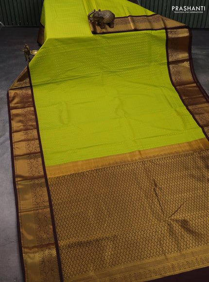 Lime Green & Coffee Brown Semi Kanchipram Silk - Self Emboss