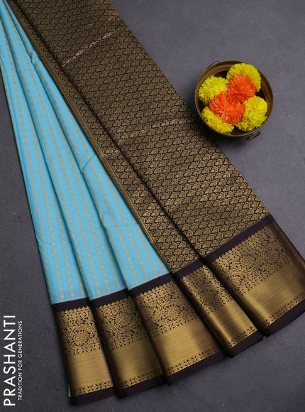 Aqua Blue & Coffee Brown Semi Kanchipram Silk - Self Emboss