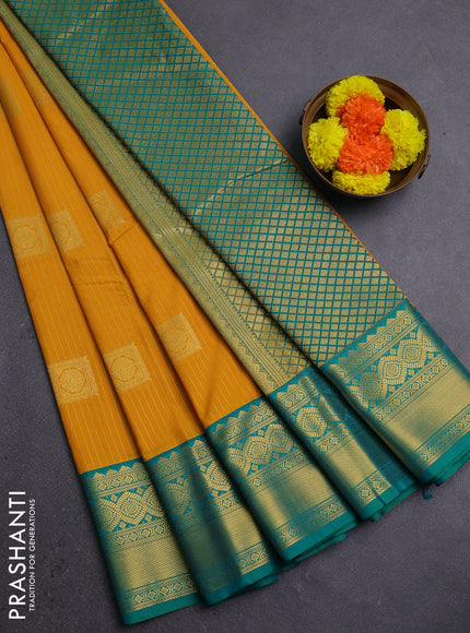 Mustard Yellow & Teal Green Semi Kanchipram Silk - Buttas