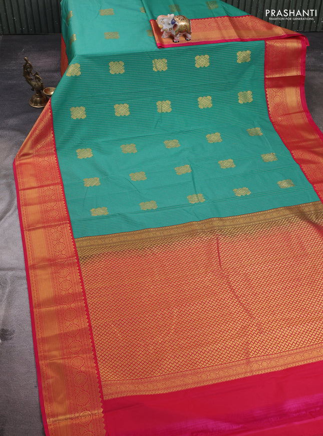 Teal Green & Pink Semi Kanchipram Silk - Buttas