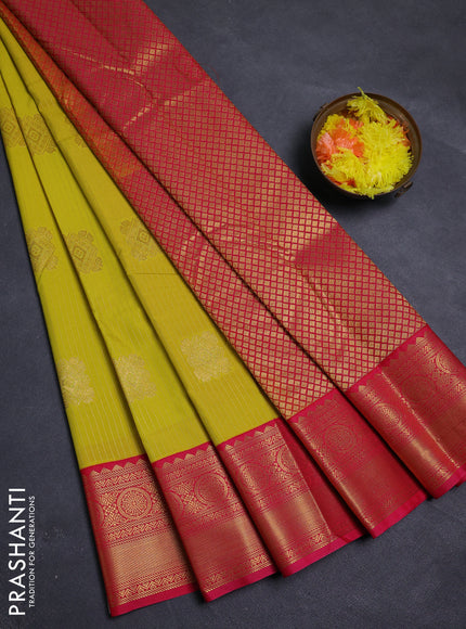 Lime Green & Pink Semi Kanchipram Silk - Buttas