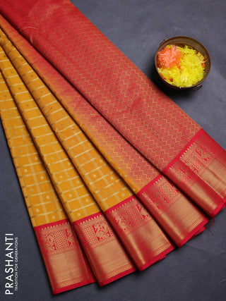 Mustard Yellow & Red Semi Kanchipram Silk - Checks