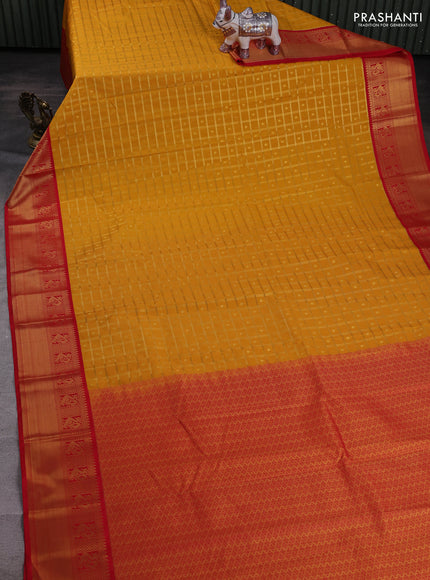 Mustard Yellow & Red Semi Kanchipram Silk - Checks