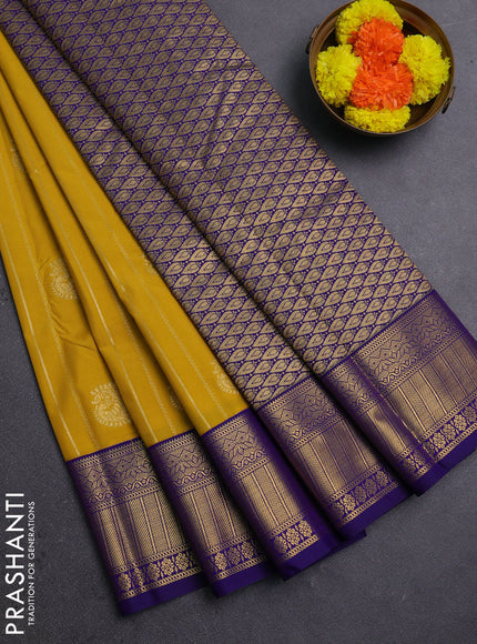 Yellow & Blue Semi Kanchipram Silk - Buttas