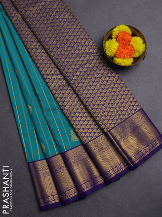 Teal Blue & Violet Semi Kanchipram Silk - Buttas