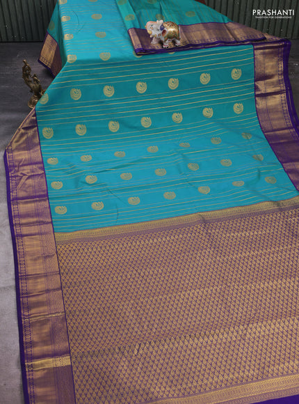 Teal Blue & Violet Semi Kanchipram Silk - Buttas