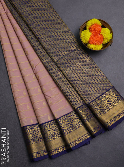 Pastel Pink & Navy Blue Semi Kanchipram Silk - Checks